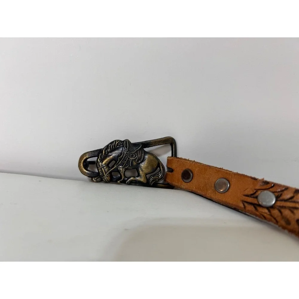 Justin Brass Horse Buckle Top Grain Cowhide‎ Leather Belt Tooled Size 34 USA